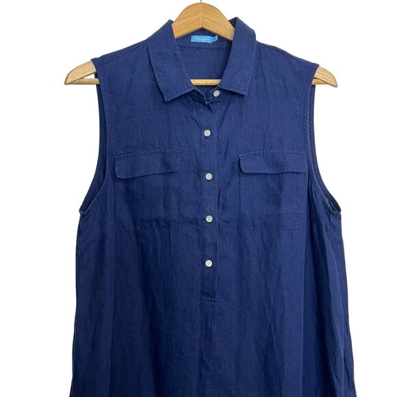 J. McLaughlin Linen Shirt Mini Dress Women SZ L Blue Henley Button Front Coastal - Picture 3 of 8